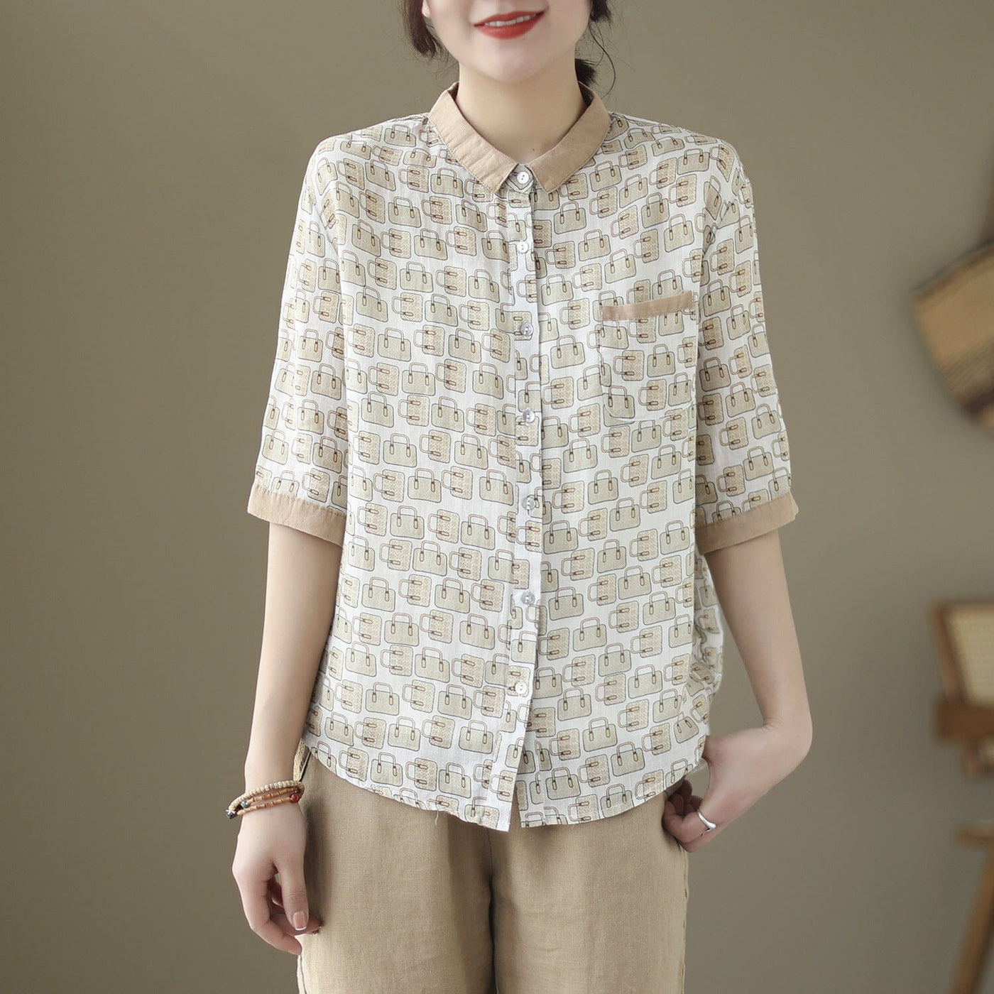 Spring Summer Retro Linen Casual Blouse Mar 2023 New Arrival Khaki One Size 