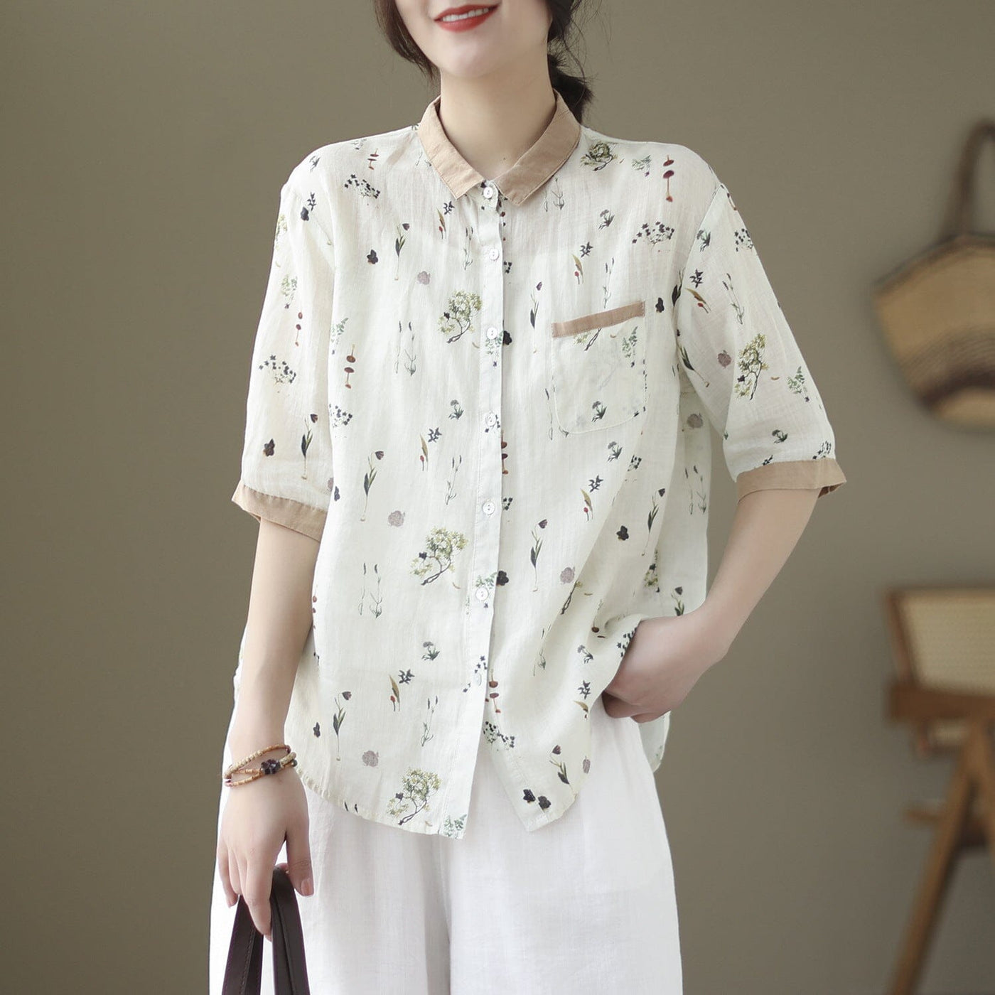 Spring Summer Retro Linen Casual Blouse Mar 2023 New Arrival White One Size 