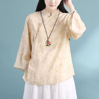 Spring Summer Retro Linen Loose Casual Blouse Apr 2023 New Arrival One Size Beige 