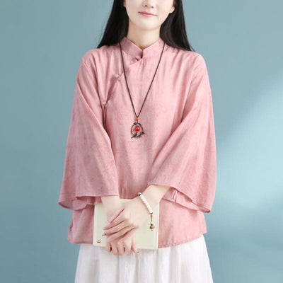Spring Summer Retro Linen Loose Casual Blouse Apr 2023 New Arrival One Size Pink 