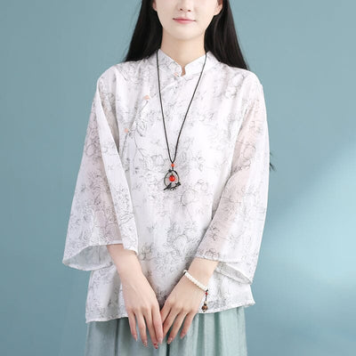 Spring Summer Retro Linen Loose Casual Blouse Apr 2023 New Arrival One Size White 