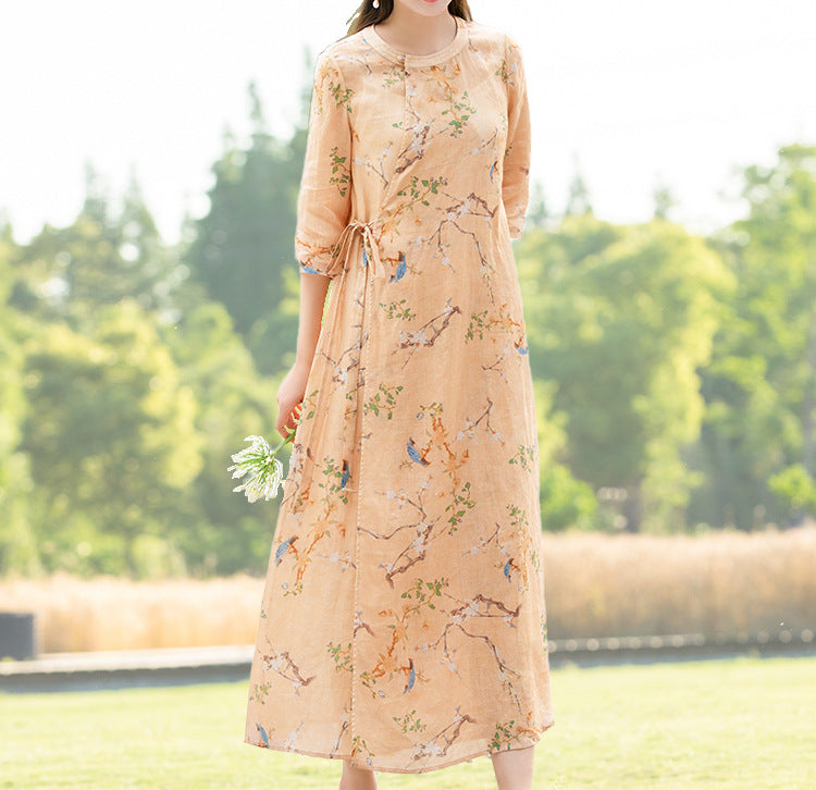 Spring Summer Retro Loose Linen Floral Dress