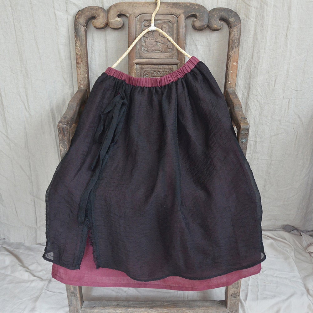 Spring Summer Retro Patchwork Linen Skirt Jan 2022 New Arrival One Size Rose Red 