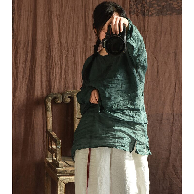 Spring Summer Retro Pleated Linen Long Sleeve T-Shirt Mar 2023 New Arrival Green One Size 