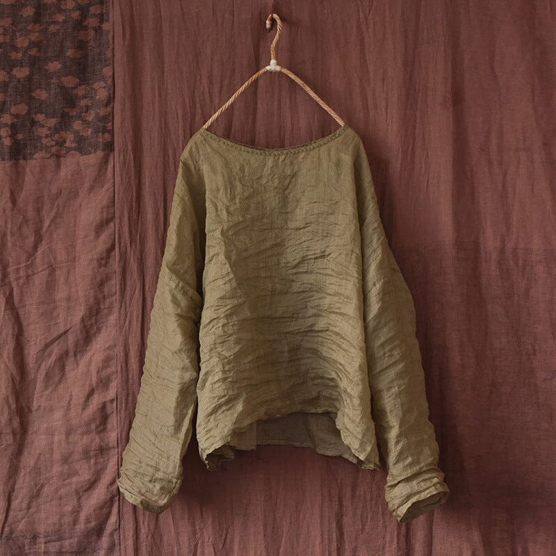 Spring Summer Retro Pleated Linen Long Sleeve T-Shirt Mar 2023 New Arrival Light Green One Size 