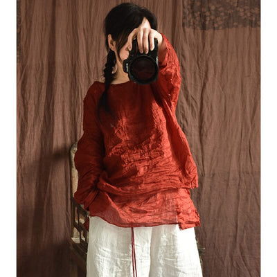 Spring Summer Retro Pleated Linen Long Sleeve T-Shirt Mar 2023 New Arrival Red One Size 