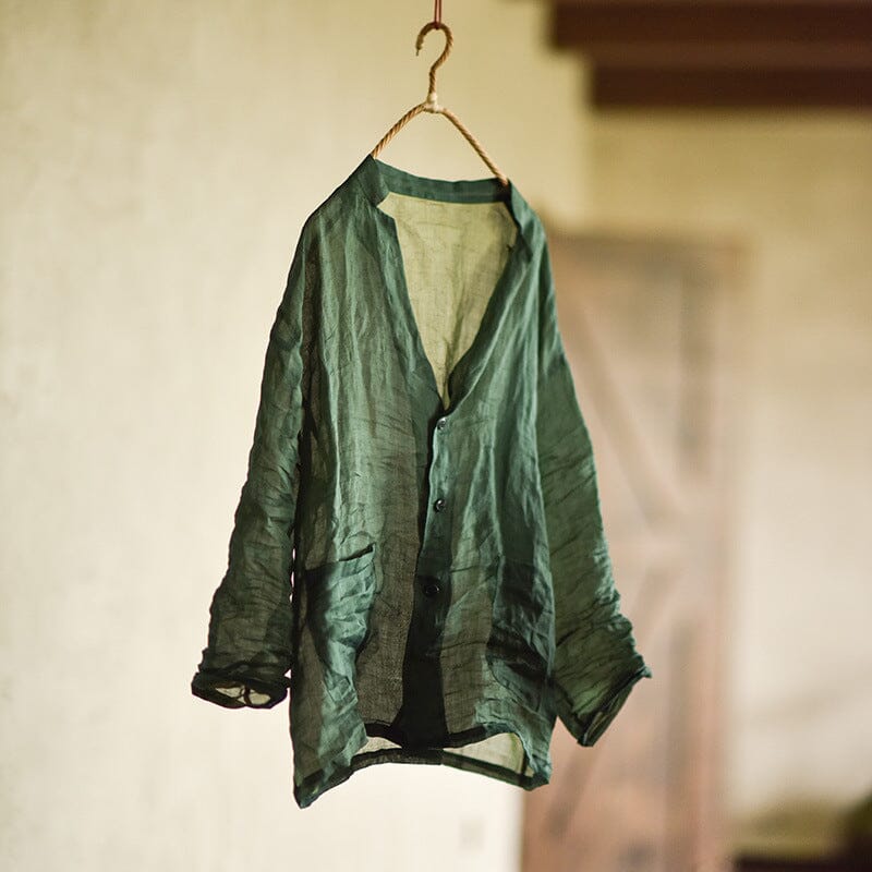 Spring Summer Retro Pleated Linen Loose Blouse Apr 2023 New Arrival Green One Size 