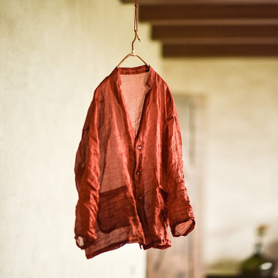 Spring Summer Retro Pleated Linen Loose Blouse Apr 2023 New Arrival Red One Size 