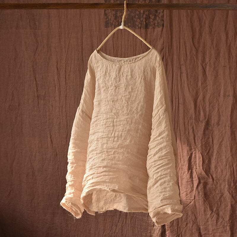 Spring Summer Retro Pleated Solid Linen Blouse Apr 2023 New Arrival 