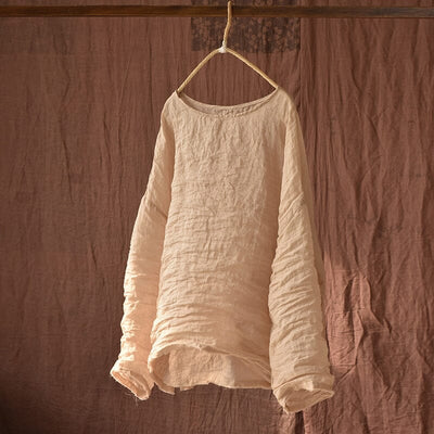 Spring Summer Retro Pleated Solid Linen Blouse Apr 2023 New Arrival Beige One Size 