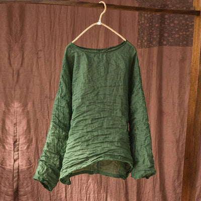 Spring Summer Retro Pleated Solid Linen Blouse Apr 2023 New Arrival Green One Size 