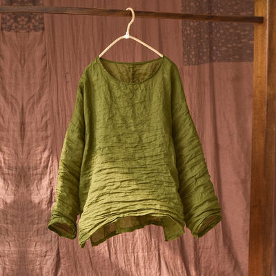 Spring Summer Retro Pleated Solid Linen Blouse Apr 2023 New Arrival Light Green One Size 