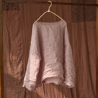 Spring Summer Retro Pleated Solid Linen Blouse Apr 2023 New Arrival Pink One Size 