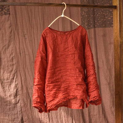 Spring Summer Retro Pleated Solid Linen Blouse Apr 2023 New Arrival Red One Size 