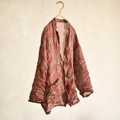 Spring Summer Retro Print Cotton Linen Blouse Apr 2023 New Arrival Red One Size 