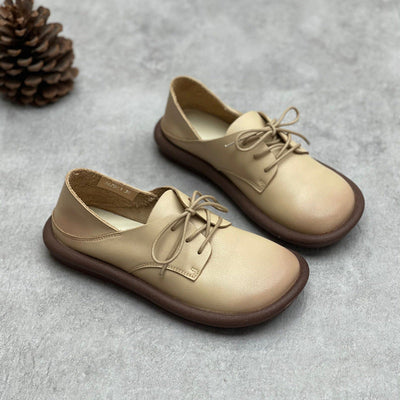 Spring Summer Retro Soft Leather Handmade Casual Shoes May 2022 New Arrival Beige 35 
