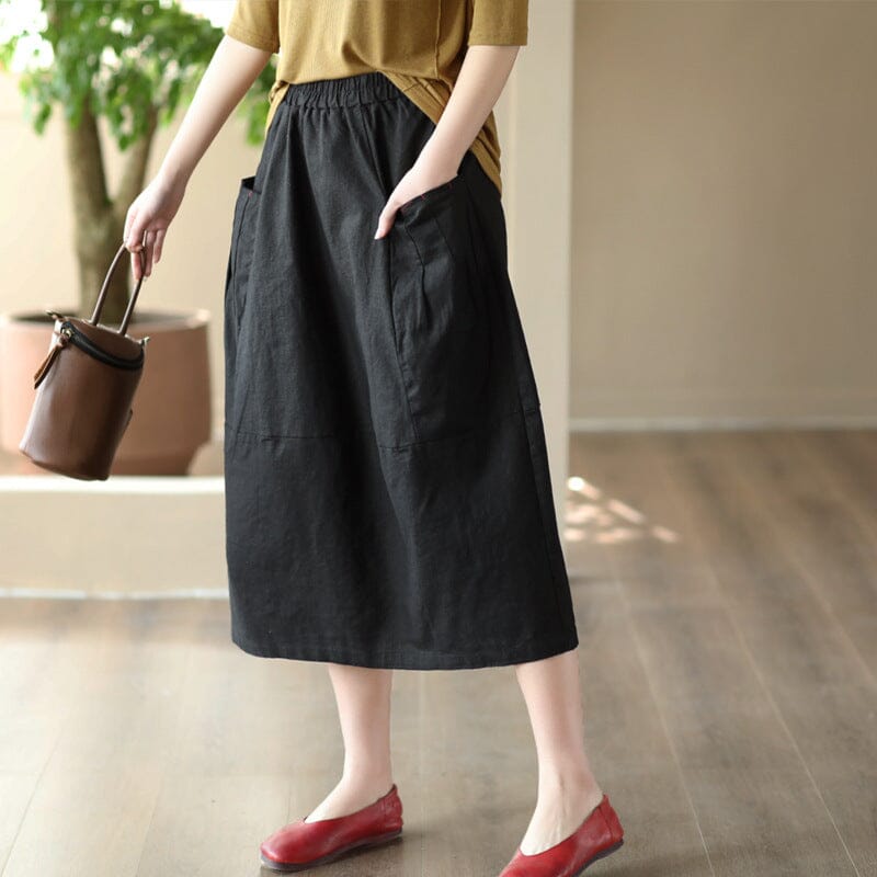 Spring Summer Retro Solid Linen A-line Skirt Mar 2023 New Arrival Black One Size 