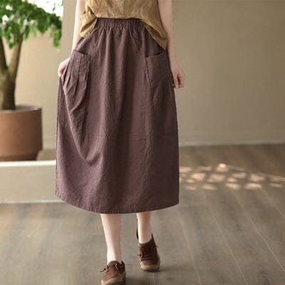 Spring Summer Retro Solid Linen A-line Skirt Mar 2023 New Arrival Coffee One Size 