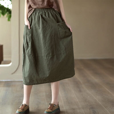Spring Summer Retro Solid Linen A-line Skirt Mar 2023 New Arrival Green One Size 