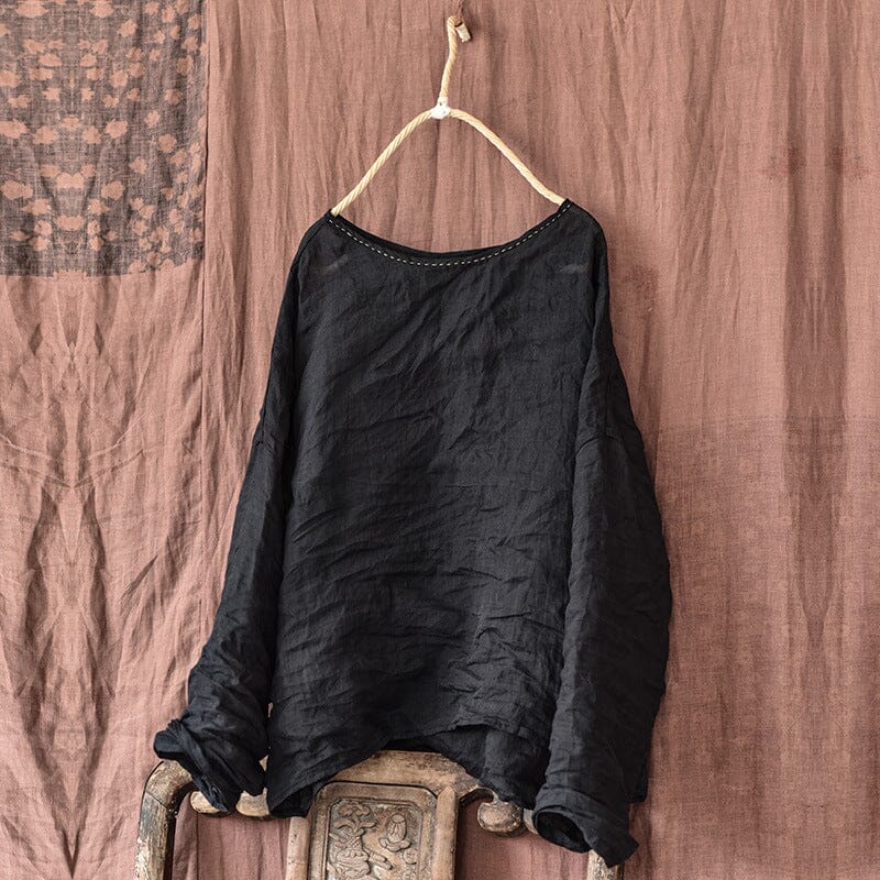 Spring Summer Solid Linen Knitted T-Shirt Mar 2023 New Arrival black One Size 