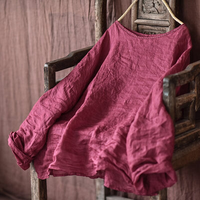 Spring Summer Solid Linen Knitted T-Shirt Mar 2023 New Arrival Rose Red One Size 