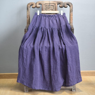 Spring Summer Solid Linen Loose Skirt May 2023 New Arrival Navy One Size 