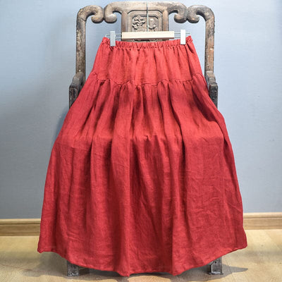 Spring Summer Solid Linen Loose Skirt May 2023 New Arrival Red One Size 