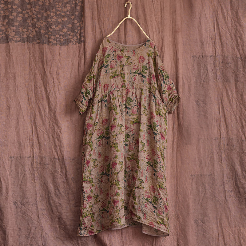 Spring Summer Vintage Floral Linen Loose Dress Apr 2022 New Arrival Light Brown One Size 