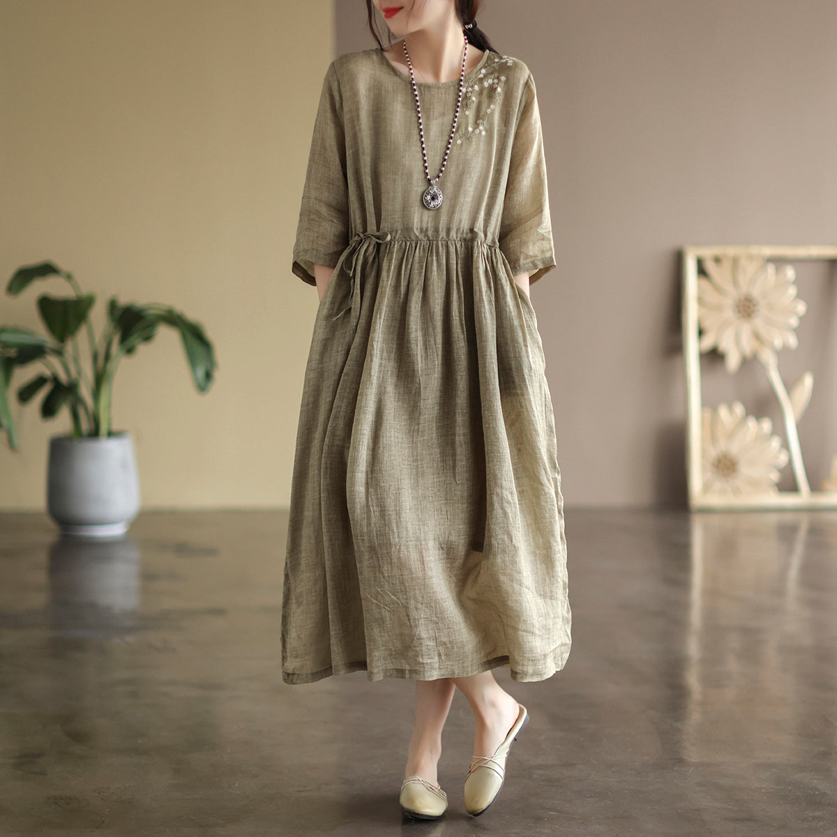 Spring Summer Vintage Half Sleeve Linen Loose Dress Mar 2022 New Arrival One Size Khaki 