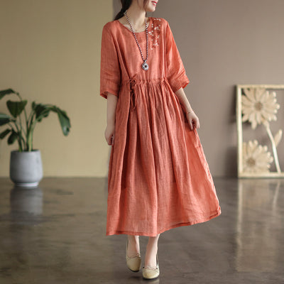 Spring Summer Vintage Half Sleeve Linen Loose Dress Mar 2022 New Arrival One Size Orange 