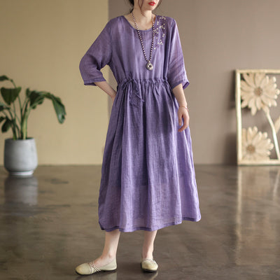 Spring Summer Vintage Half Sleeve Linen Loose Dress Mar 2022 New Arrival One Size Purple 