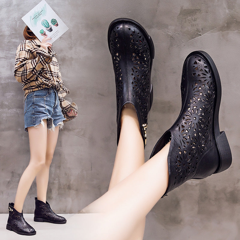 Spring Summer Women Retro Casual Hollow Leather Boots