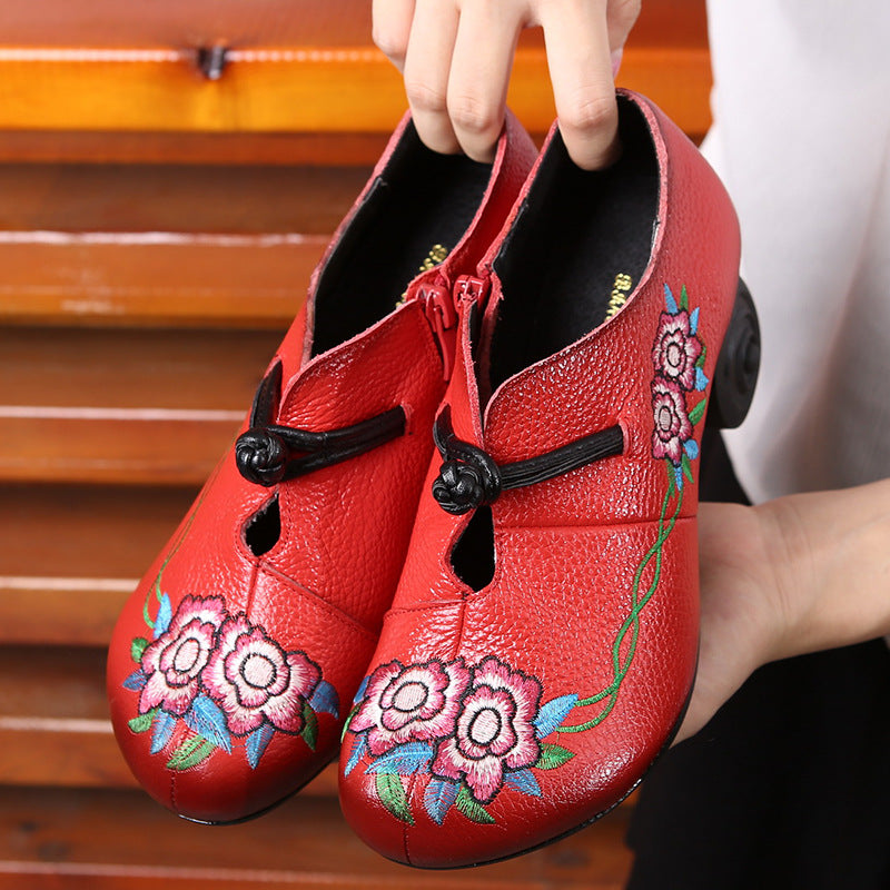 Spring Summer Women Vintage Floral Leather Loafers Apr 2022 New Arrival Red 35 