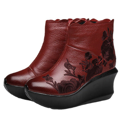 Spring Vintage Floral Leather Boots