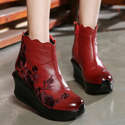 Spring Vintage Floral Leather Boots Apr 2022 New Arrival Red 35 