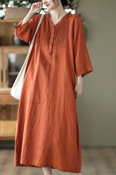 Spring Vintage Linen V-Neck Loose Dress Apr 2022 New Arrival 