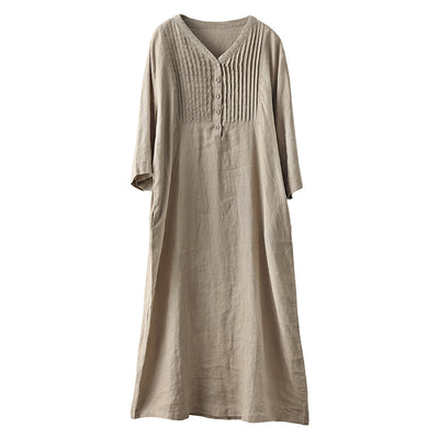 Spring Vintage Linen V-Neck Loose Dress