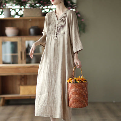 Spring Vintage Linen V-Neck Loose Dress