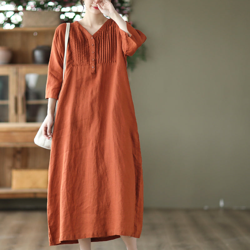 Spring Vintage Linen V-Neck Loose Dress Apr 2022 New Arrival One Size Red 