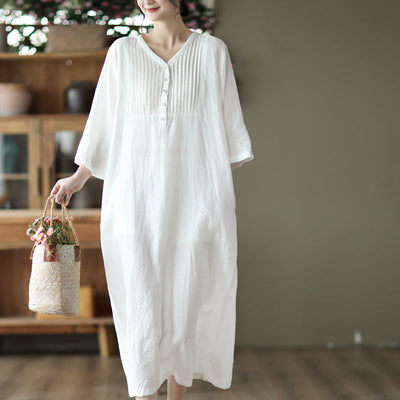 Spring Vintage Linen V-Neck Loose Dress Apr 2022 New Arrival One Size White 