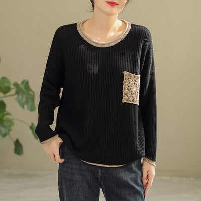 Spring Women Color Matching Loose Knitted Sweater Dec 2022 New Arrival One Size Black 