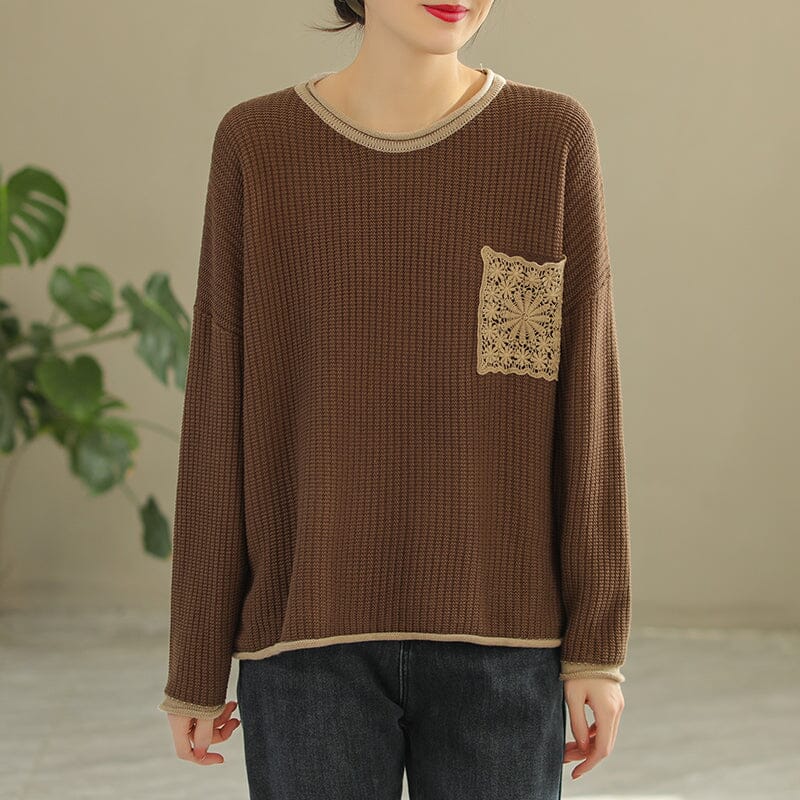 Spring Women Color Matching Loose Knitted Sweater Dec 2022 New Arrival One Size Coffee 