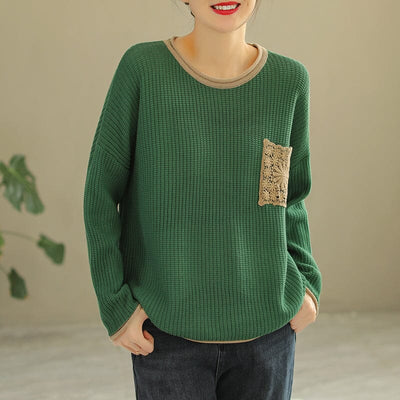 Spring Women Color Matching Loose Knitted Sweater Dec 2022 New Arrival One Size Green 