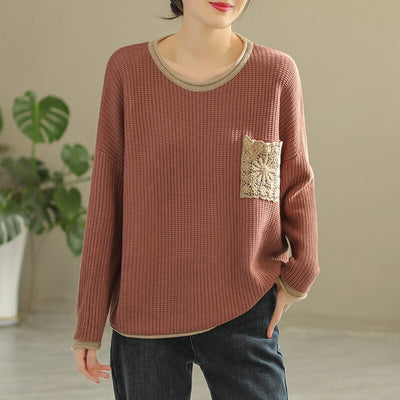 Spring Women Color Matching Loose Knitted Sweater Dec 2022 New Arrival One Size Pink 