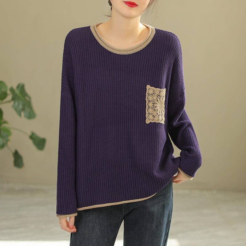Spring Women Color Matching Loose Knitted Sweater Dec 2022 New Arrival One Size Purple 