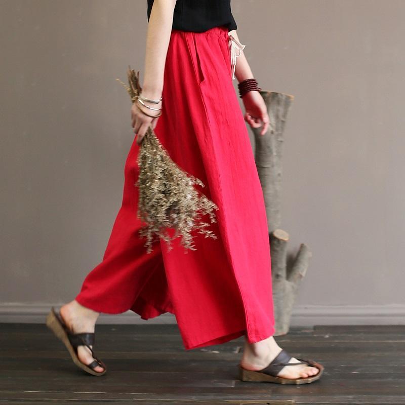 Spring Women Cotton Linen Wide Leg Pants March-2020-New Arrival One Size Red 