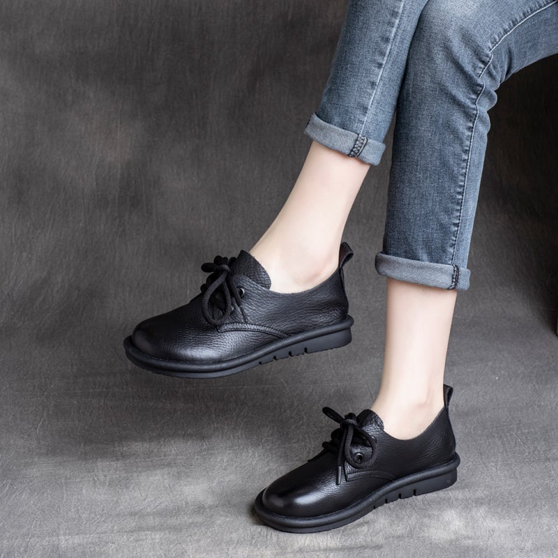 Spring Women Leather Round Head Plain Casual Shoes