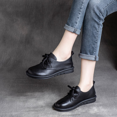Spring Women Leather Round Head Plain Casual Shoes Jan 2022 New Arrival 35 Black 