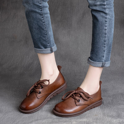 Spring Women Leather Round Head Plain Casual Shoes Jan 2022 New Arrival 35 Brown 