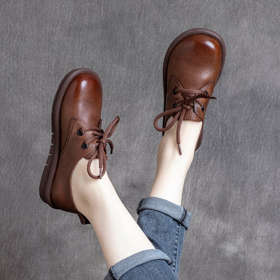 Spring Women Leather Round Head Plain Casual Shoes Jan 2022 New Arrival 